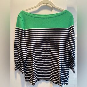 Lauren- 3/4 Sleeve Engineered Stripe Knot Top, Navy/Green, Size XL